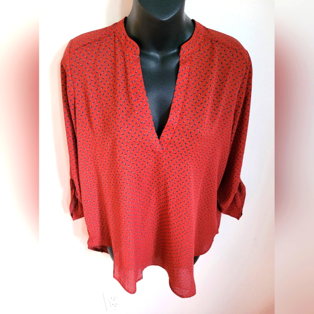 💚 NWT Eclipse Lush 3/4 Sleeve Rust with Navy & Green Print Size S
